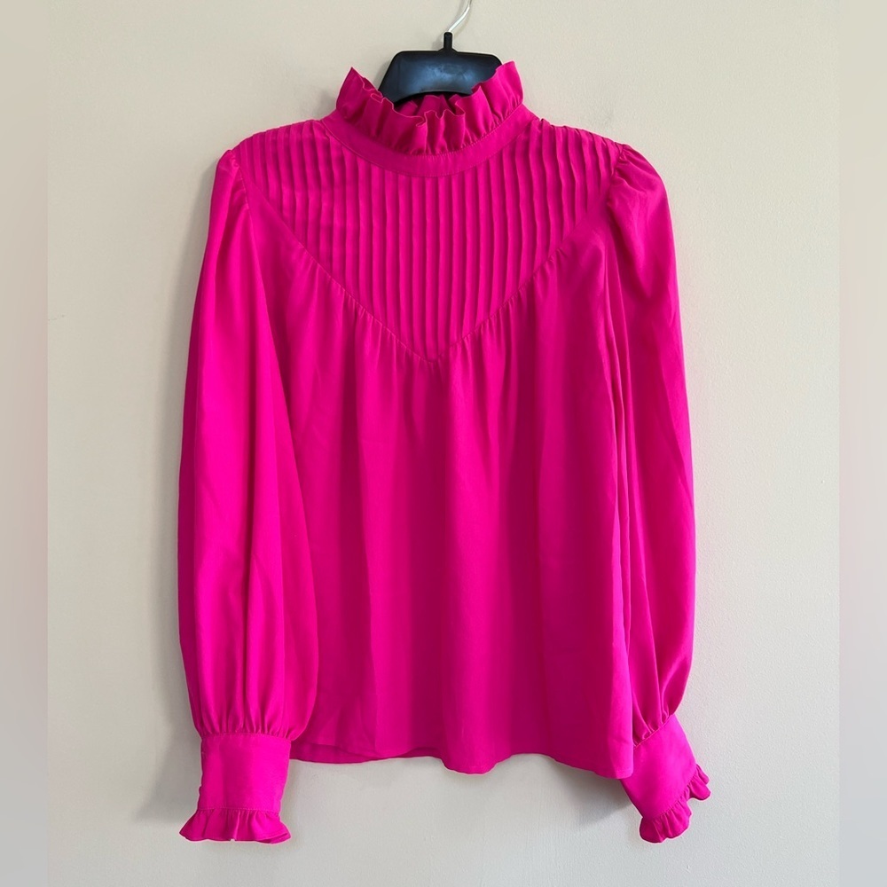 Crosby by Mollie Burch Long Sleeve Pleated Ruffle Bea Blouse, Magenta Pink, S